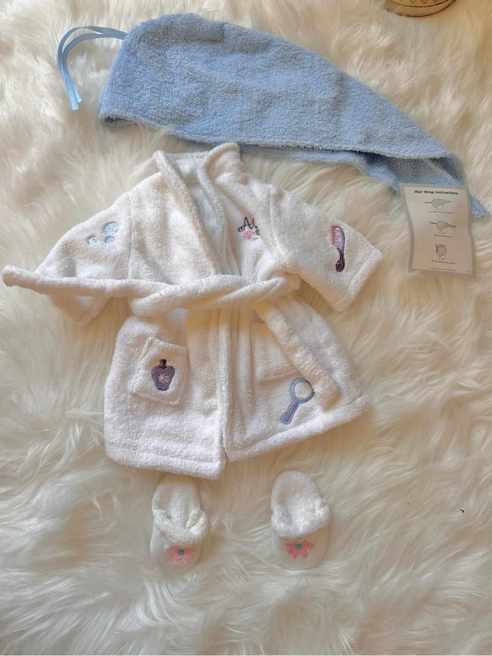 American Girl White Terry Robe Set with Light Blue Hair Wrap and Slippers